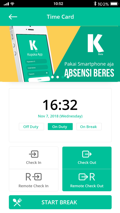 kopoka app Kopoka App - Timecard Screen